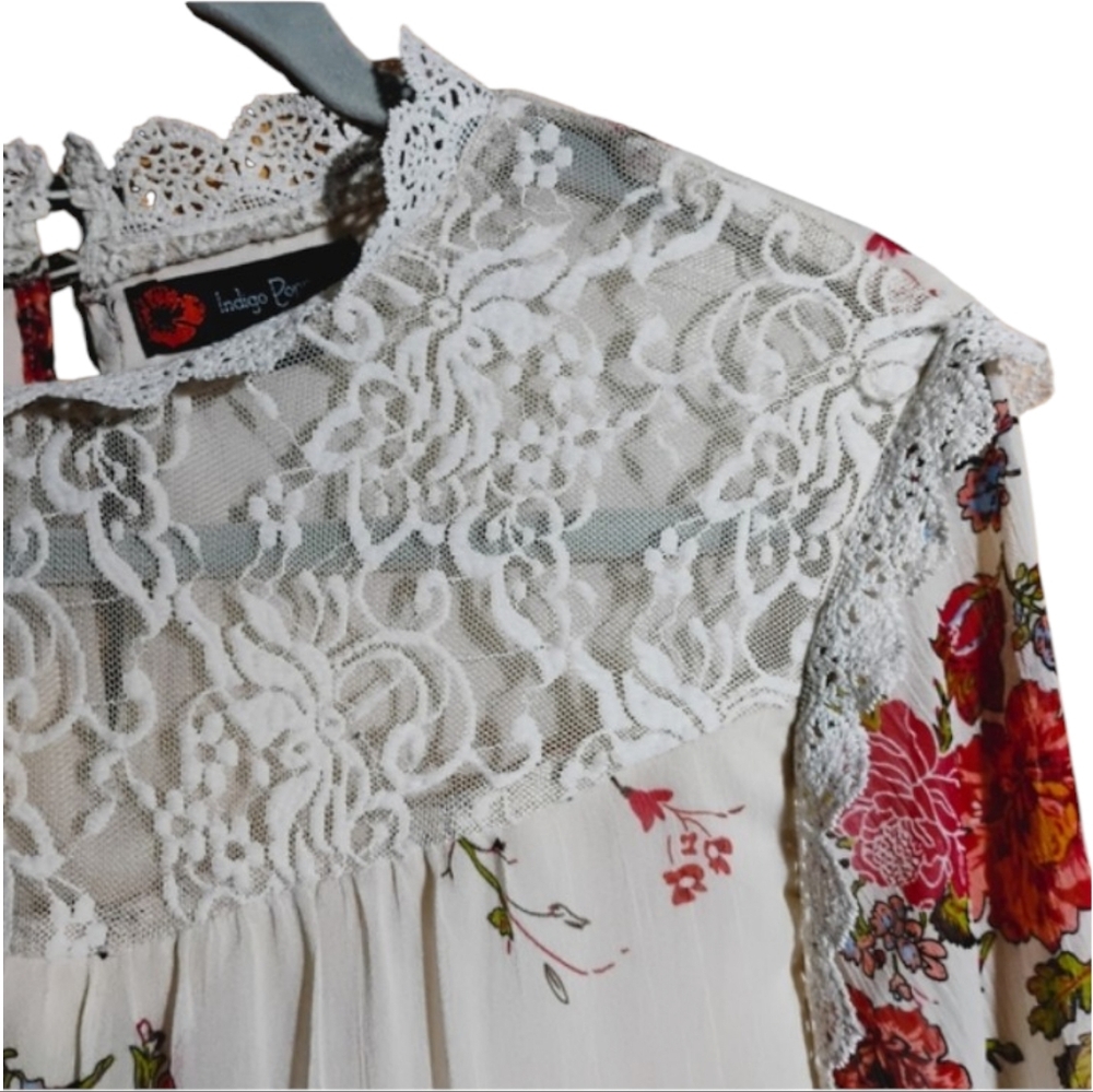 Indigo Poppy Floral Lace Crochet Yoke Blouse Cream Red Boho Romantic Sz XL - Picture 3 of 9
